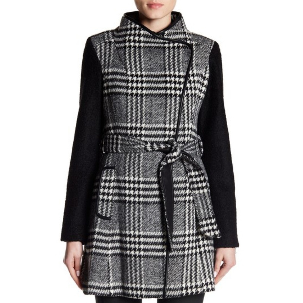 Guess Belted Wool Plaid ContrastSleeve Trench Coat - Picture 2 of 6